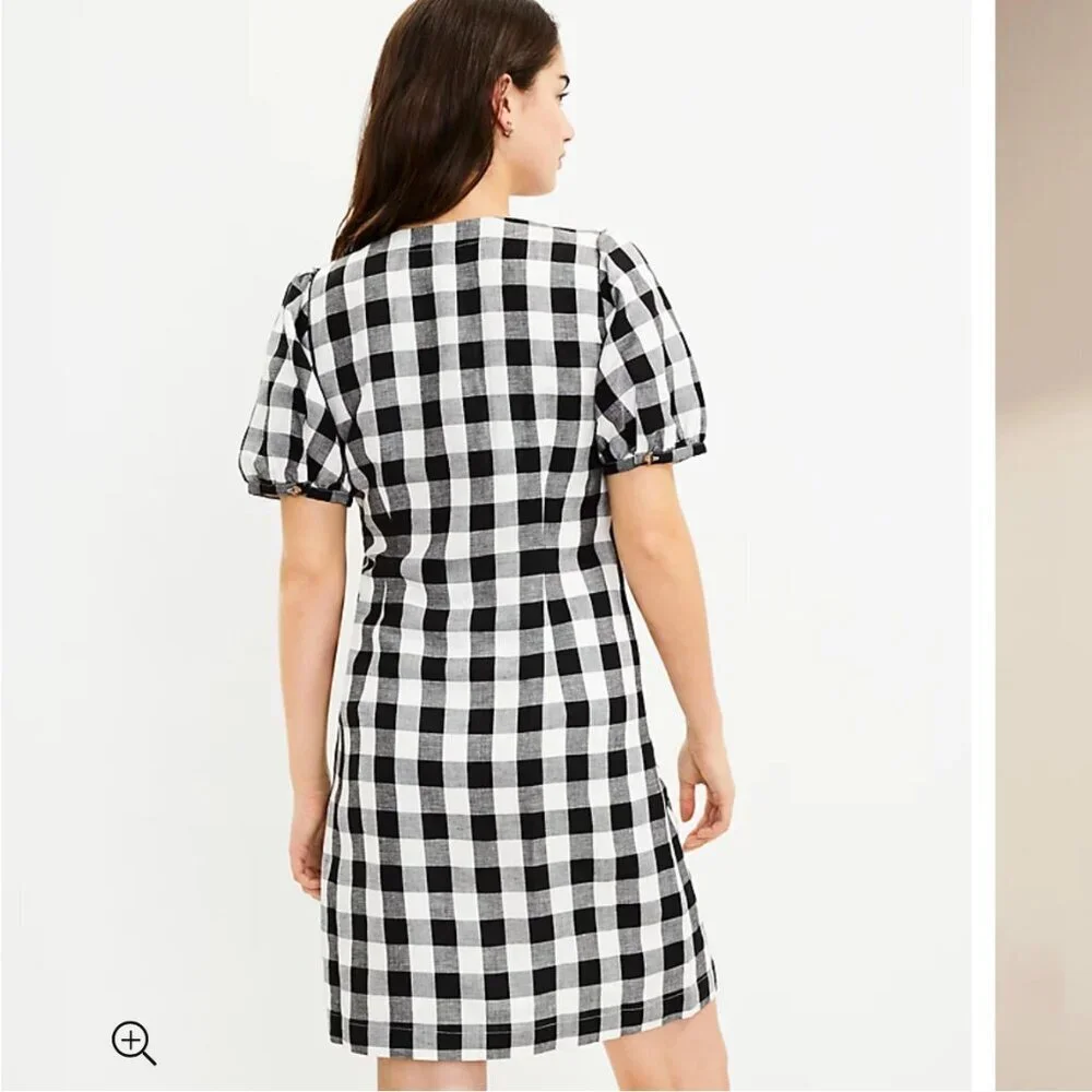 NWT LOFT Gingham Button V-Neck Dress Puff Short Sleeve Black White Size 2 Petite - Picture 3 of 8